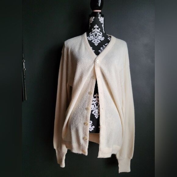Vintage Woolen Mills Cream Grandpa Cardigan Button V Sz Tall XL USA Unisex - Picture 1 of 14